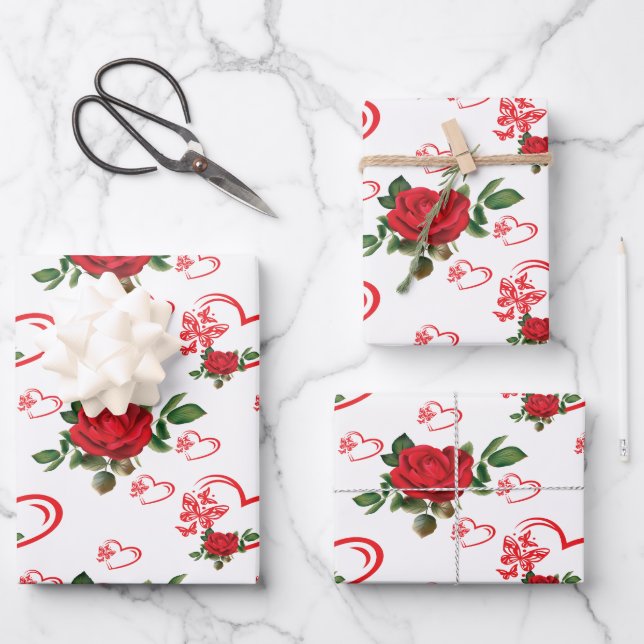 Hearts Butterflies and Flowers Wrapping Paper Sheet (Front)