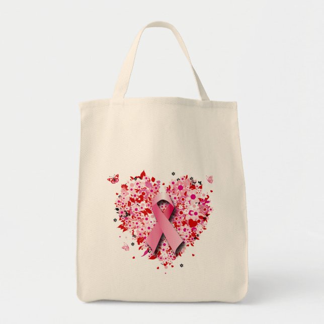 HEARTS, BUTTERFLIES AND PINK RIBBON TOTE BAG (Front)