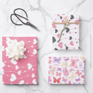 Hearts Butterflies Pink White Grey Wrapping Paper Sheet