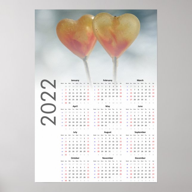 Hearts Calendar 2022 Poster - Sunday first (Front)