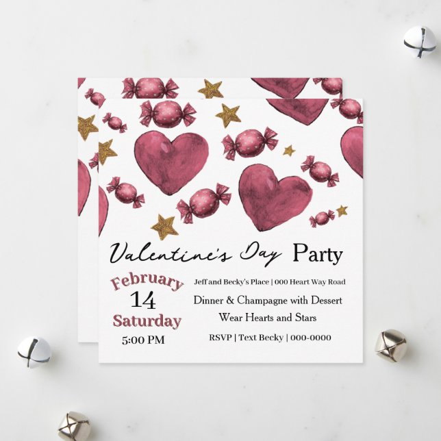 Hearts Candies and Stars Valentine Invitation (Front/Back In Situ)