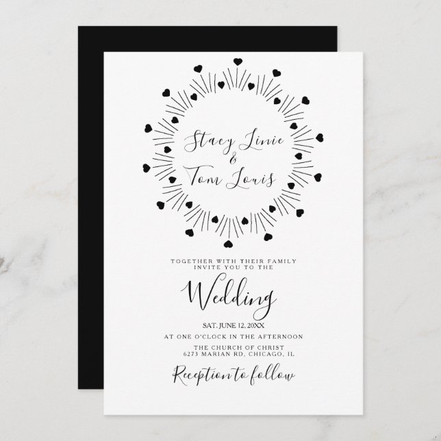  Hearts Circular  Black Hand Drawn Frame Wedding   Invitation (Front/Back)