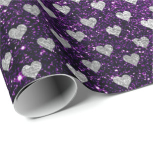 Hearts Confetti Silver Grey Glitter Purple Plum Wrapping Paper