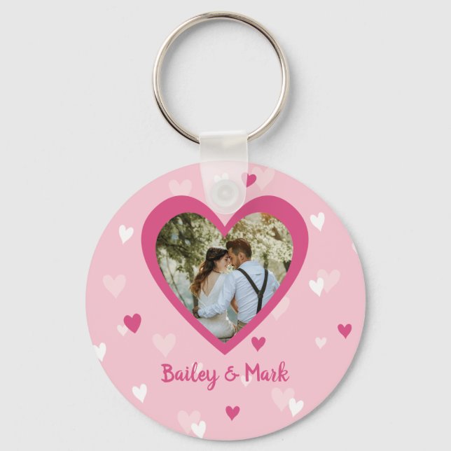Hearts Couple Custom Photo Valentine Wedding Key Ring (Front)