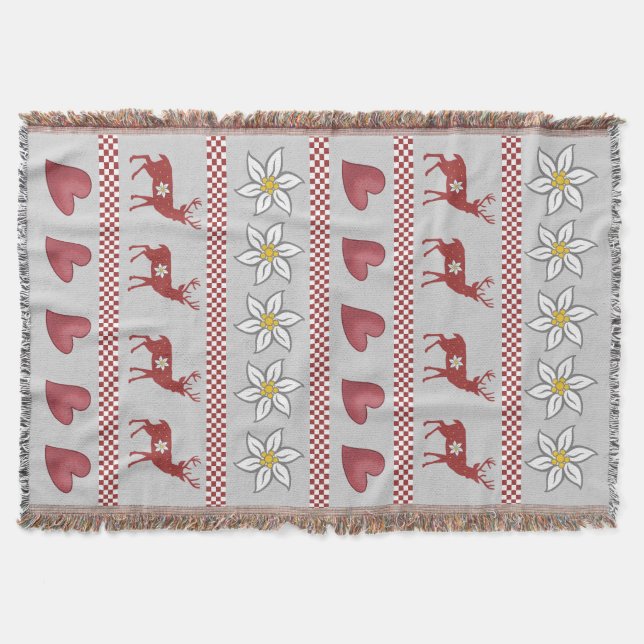 Hearts Deer and Edelweiss Throw Blanket (Front)