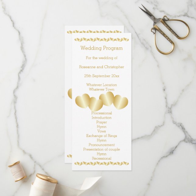 Hearts Design Gold Coloured Wedding Program (Front/Back In Situ)