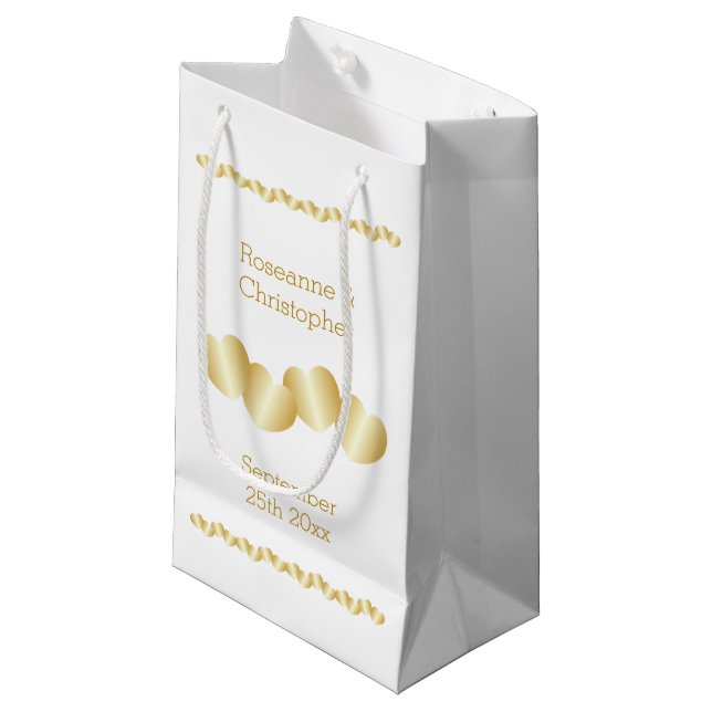 Hearts Design Gold Coloured Wedding Small Gift Bag (Front Angled)