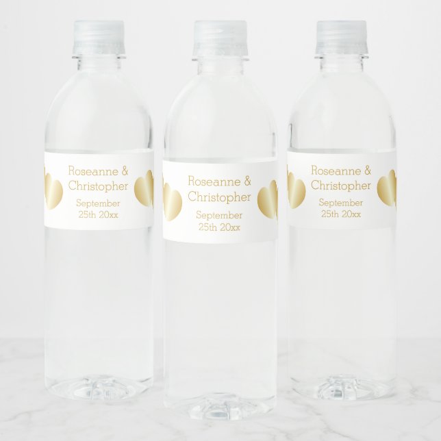Hearts Design Gold Coloured Wedding Water Bottle Label (Bottles)