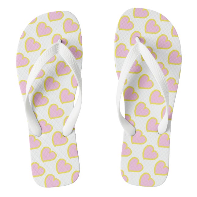 Hearts design pink yellow on white thongs (Footbed)