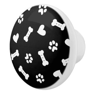 Hearts Dog Paws And Bones Black  Ceramic Knob