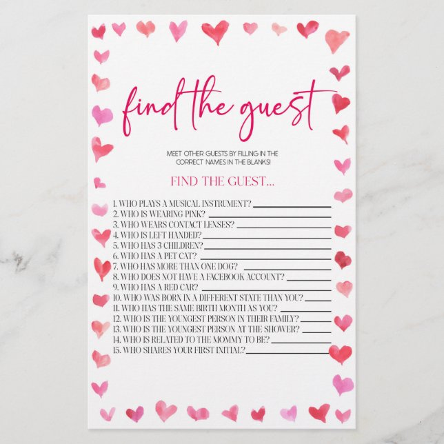 Hearts Find The Guest Bridal Shower Game  Stationery (Front)