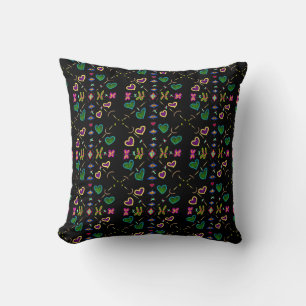Hearts Flowers and Bugs Pattern on Black Cushion