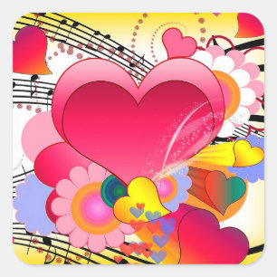 Hearts Flowers and Music Notes Square Sticker