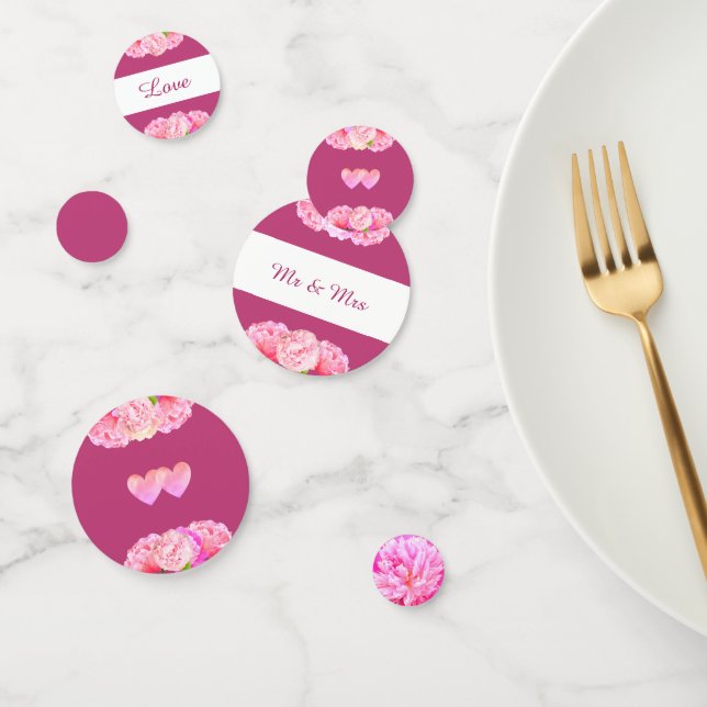 Hearts & flowers on rose gold & white wedding confetti (Group)