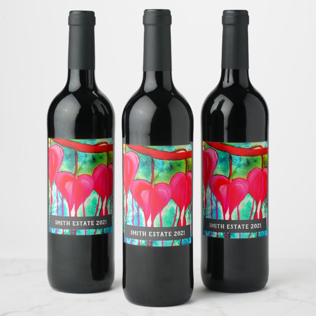 Hearts flowers watercolor floral art wine label (Bottles)