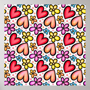 Hearts & Flowers Watercolor Valentine Pattern Poster