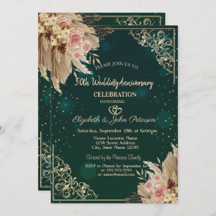 Hearts Frame Flowers Green Wedding Anniversary Invitation