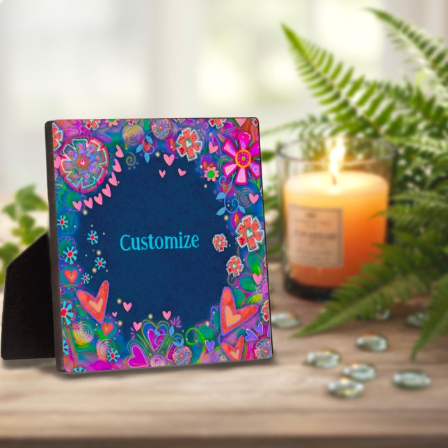 Hearts Fun Pretty Floral Blue Name Custom  Plaque (Creator Uploaded)
