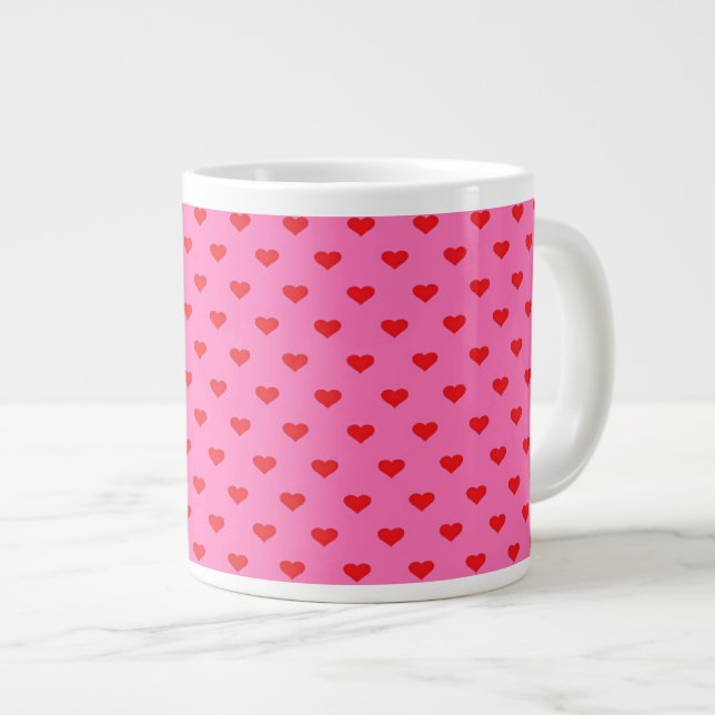 Hearts Galore, red hearts on pink, Large Coffee Mug (Front Right)