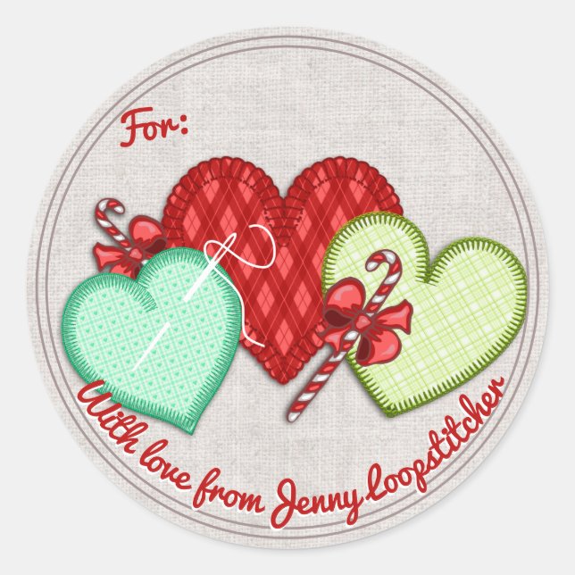 Hearts hand stitching sewing Christmas stickers (Front)
