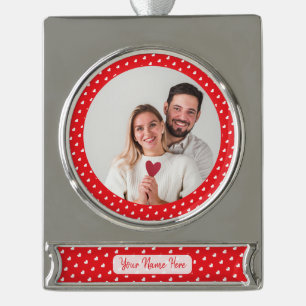 Hearts Happy Valentine’s Day Modern Love Pattern Silver Plated Banner Ornament