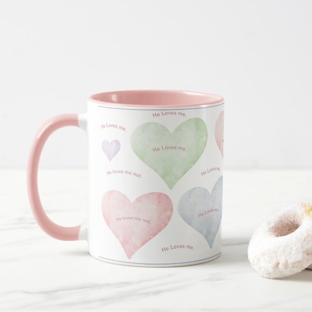 Hearts He Loves Me He Loves Me Not Typography Mug (With Donut)