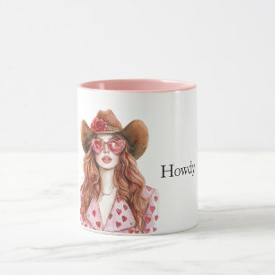 Hearts Howdy Red Hair Cowgirl Mug
