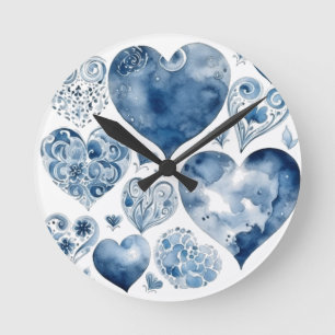 Hearts in Delft Blue Round Clock