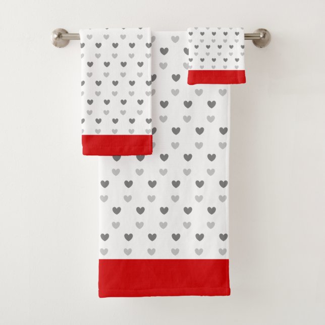 Hearts in grey on red and white Bath Towel Set (Insitu)