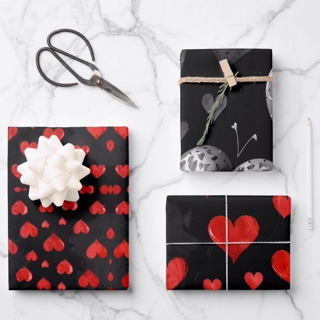 Hearts in red and silver wrapping paper sheet (Front)