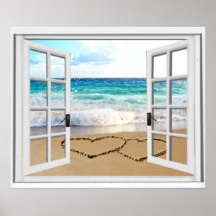 Hearts In Sand Faux Beach View Window Poster