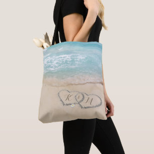 Hearts in Sand   Monogram Couple Beach Tote Bag