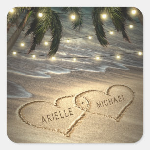 Hearts in the Sand Beach Shore Palm Tree Wedding Square Sticker