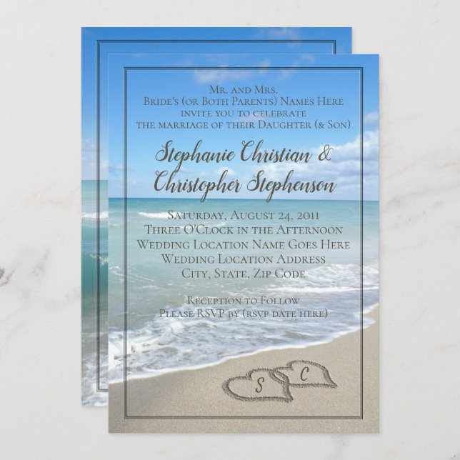 Hearts in the Sand Beach Wedding Custom Monogram Invitation (Front/Back)
