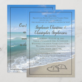 Hearts in the Sand Beach Wedding Custom Monogram Invitation