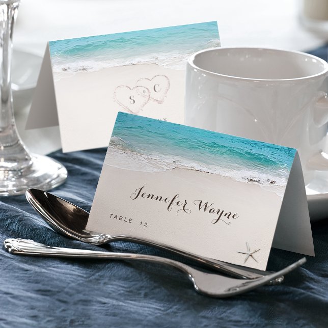 Hearts in the sand beach wedding Place Card (Hearts in the sand beach wedding Place Card)