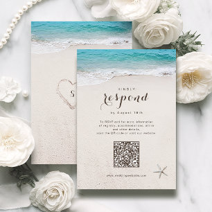 Hearts in the sand beach wedding QR code  RSVP Card