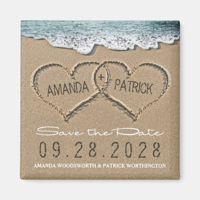 Hearts in the Sand Beach Wedding Save the Date Magnet (Front)