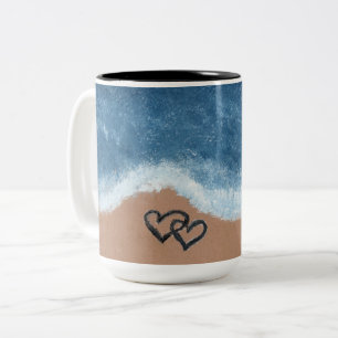 Hearts in the Sand by the Ocean Two-Tone Coffee Mug