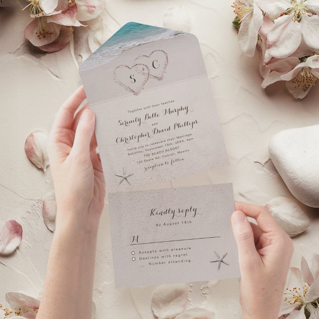 Hearts in the sand destination beach wedding all in one invitation (Hearts in the sand destination beach wedding all in one invitation)