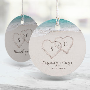 Hearts in the sand destination beach wedding favour tags