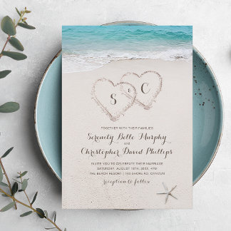 Hearts in the sand destination beach wedding invitation