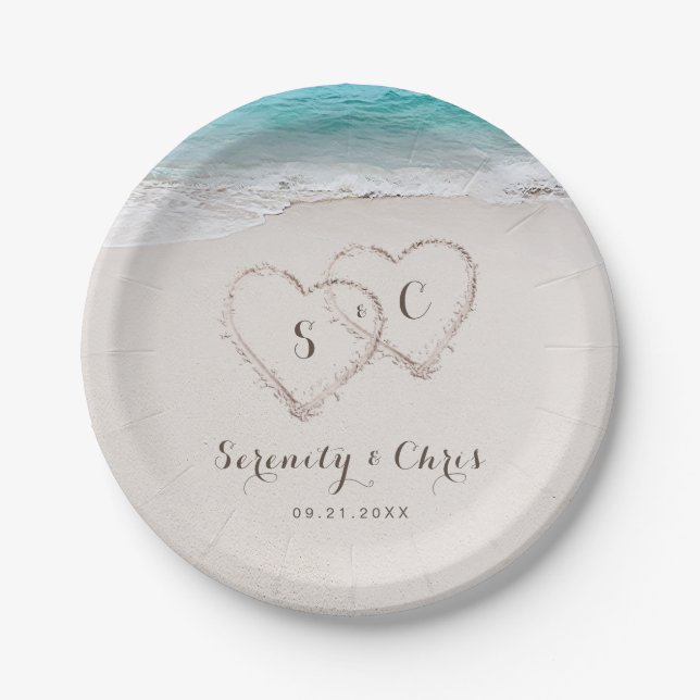 Hearts in the sand destination beach wedding paper plate (Front)