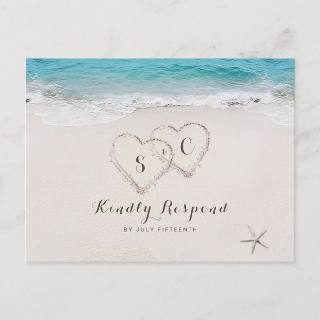 Hearts in the sand destination beach wedding RSVP Invitation Postcard (Front)