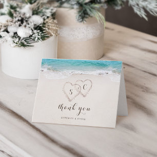 Hearts in the sand destination beach wedding thank you card