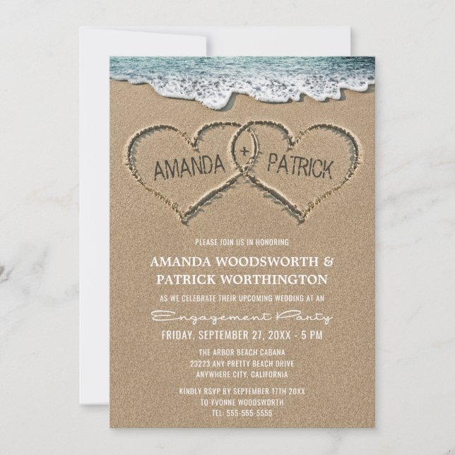 Hearts in the Sand Engagement Party Invitations (Front)