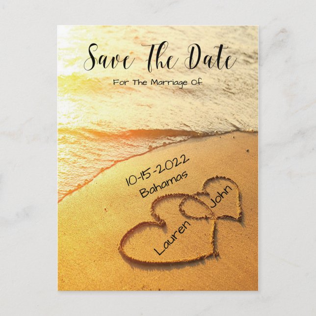 Hearts In The Sand On Beach Wedding Save The Date Postcard (Front)