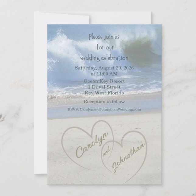 Hearts in the Sand photo Wedding Invitation (Front)
