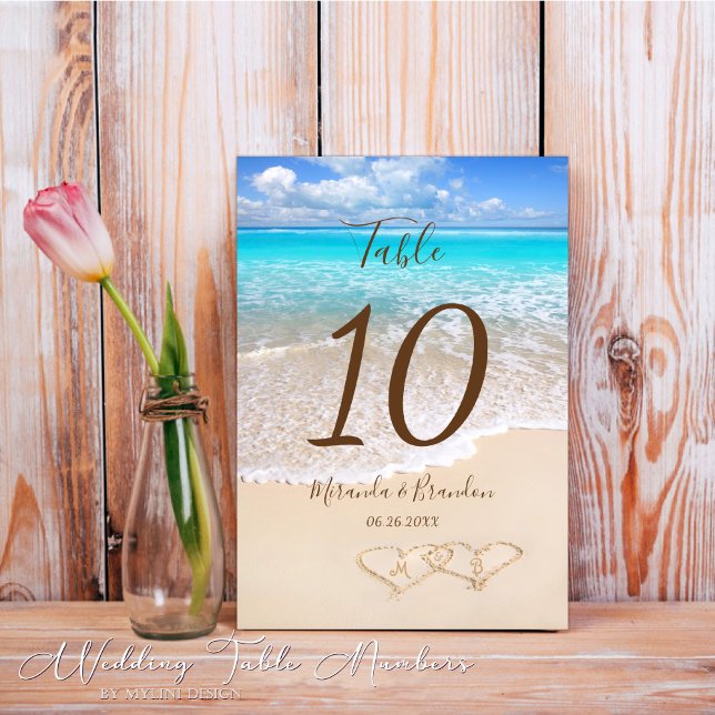 Hearts in the Sand Tropical Beach Wedding Table Number (Creator Uploaded)