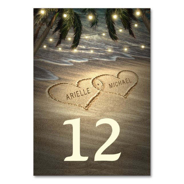 Hearts in the Sand Wedding Table Number Cards (Front)